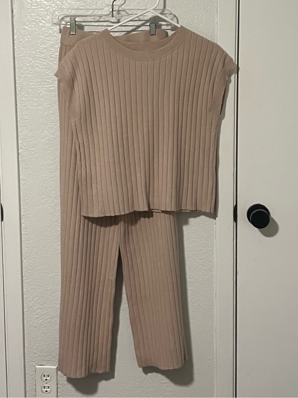 Ribbed Knit Wide-Leg Pants & Top Set in Beige